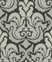 Contemporary damask design in black and light gray with stylized ornamental and floral patterns.