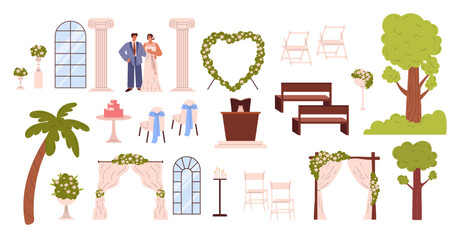 Wedding venue vector set, bride groom, floral arch, bridal cake, flowers, marriage ceremony banquet interior decorations