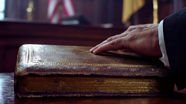 A solemn scene of a hand resting on a closed Bible in a courtroom setting, symbolizing an oath. The Bible is worn yet dignified, with a leather cover and gilded edges, placed on a wooden stand.