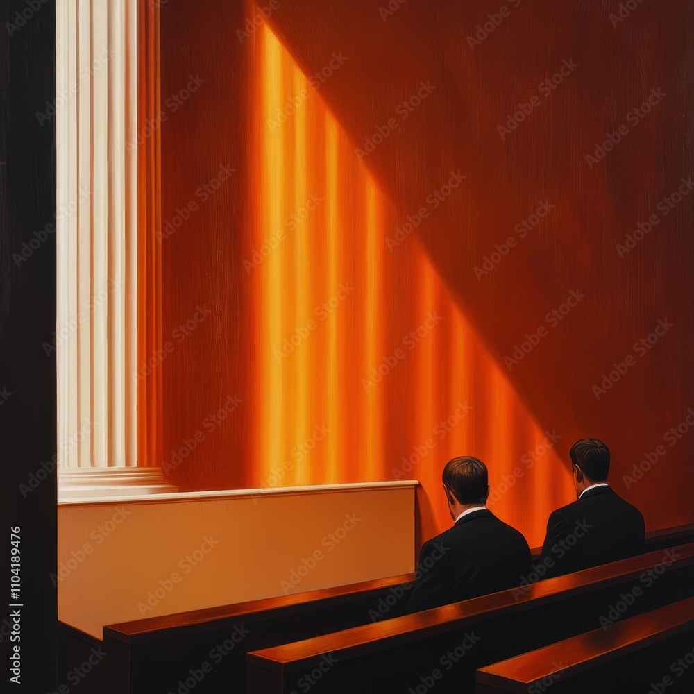 Poster an abstract scene featuring two figures seated in shadows, illuminated by dramatic light streaming t