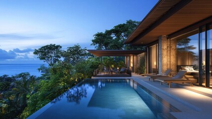 Fototapeta premium Luxurious villa with a pool overlooking a tropical landscape at dusk.