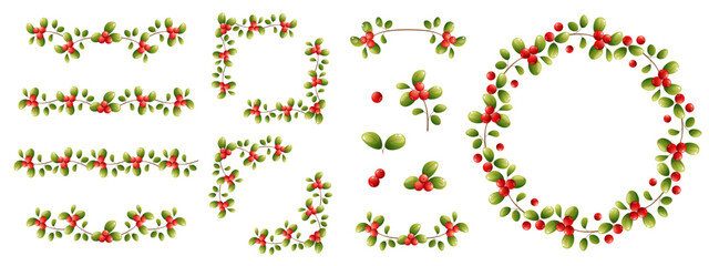 Obraz premium Garland, round wreath, frame design elements made of green leaves and berries. Lingonberry, cranberry, holly. Round frame with red wild berries and leaves. Vector illustration on white background.