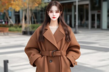 Fototapeta premium Young asian female in stylish brown coat standing outdoors