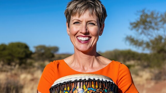 Caucasian mature female smiling outdoors in nature holding hand-drum