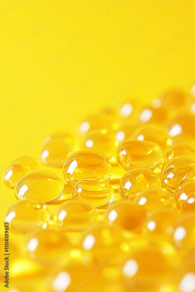 Poster shimmering droplets rest on a bright yellow surface, showcasing their glossy texture and reflecting 