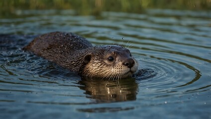 An otter diving gracefully into a shimmering lake with water droplets.