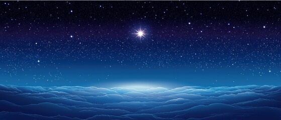 Obraz premium A serene night sky filled with stars above a calm horizon, creating a tranquil atmosphere with deep blue hues.