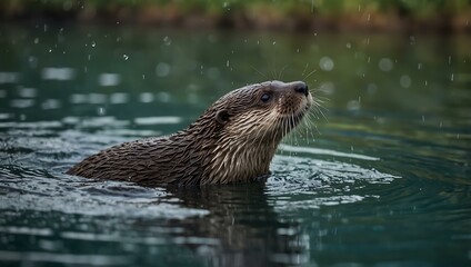 An otter diving gracefully into a shimmering lake with water droplets.