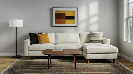 Scandinavian inspired living room with cozy sofa and modern decor