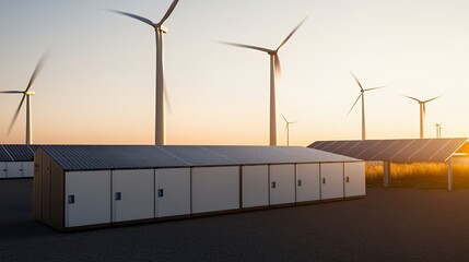 Renewable energy facility with wind turbines and solar panels at sunset.