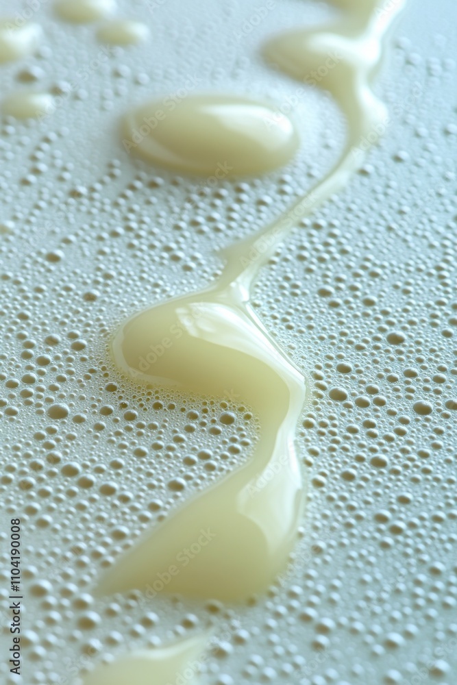 Poster a series of translucent droplets glide on a flat surface, reflecting light and creating a visually c
