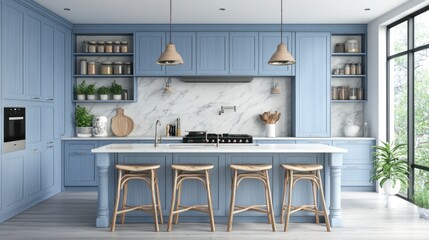 Modern Kitchen with Blue Cabinets, Marble Backsplash, and Wooden Stools