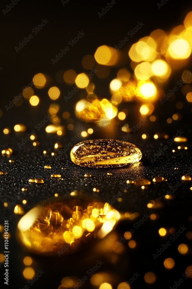 Poster golden droplets rest on a textured surface, reflecting light in a mesmerizing display of shimmering 