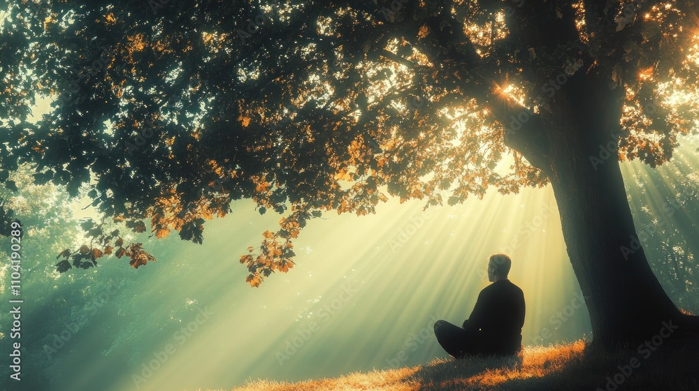 Aufkleber a serene scene of a person meditating under a tree with sunlight filtering through branches.