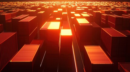 Obraz premium A striking sunset illuminates a cityscape of towering, reflective containers, creating a warm glow over the urban horizon.