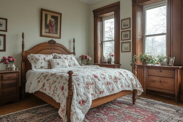 Cozy bedroom with floral decor, wooden furniture, and natural light.