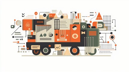 A colorful, abstract illustration of a truck, featuring geometric shapes and patterns in shades of orange, green, and beige.