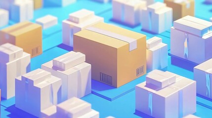 A vibrant 3D illustration of various packages in a stylized urban landscape, emphasizing logistics and delivery systems.
