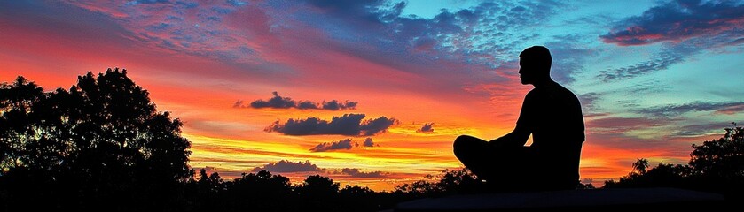 Obraz premium A serene silhouette of a person meditating against a vibrant sunset, surrounded by trees, embodying tranquility and mindfulness.