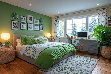 Fototapeta premium A bedroom with a green wall and a green bed with green pillows