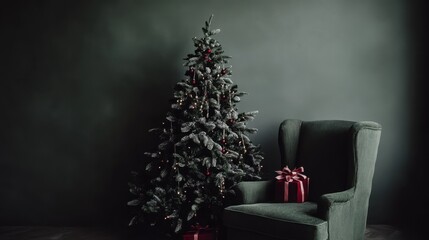 A Christmas tree is standing in front of a chair with a red bow on it