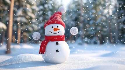 Fototapeta premium A cheerful snowman wearing a red hat and scarf stands in a snowy forest
