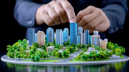 Symbolizing eco-friendly urban planning with hands holding a blueprint of a sustainable city.