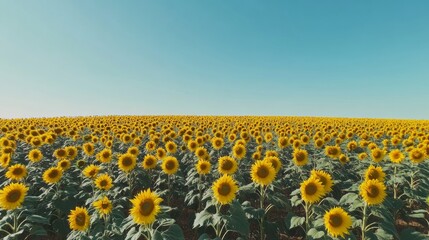A serene field of yellow sunflowers under a clear blue sky, aerial shot, Minimalist style