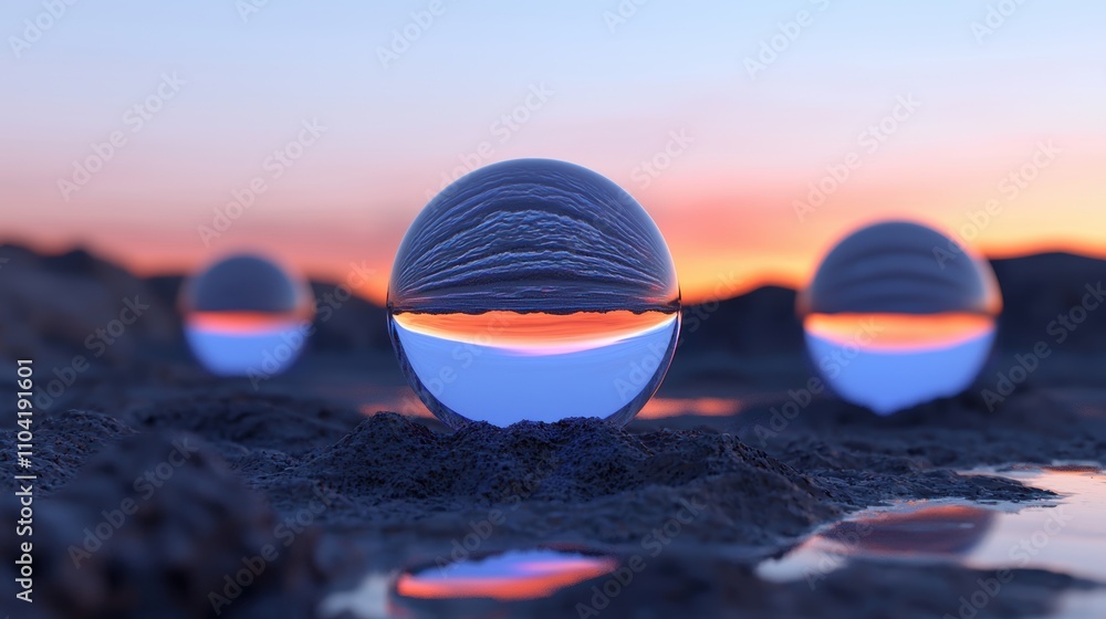 Poster three reflective spheres sit on a textured surface, capturing a colorful sunset, creating a surreal 