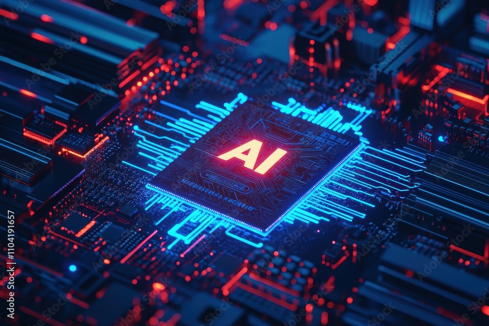 Poster a vibrant close-up of a computer chip glowing in red and blue colors with 