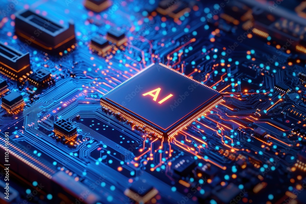 Poster a close-up view of a circuit board featuring a prominent ai chip, illuminated with blue and orange l