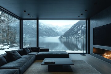 A living room with a fireplace and a large window overlooking a lake