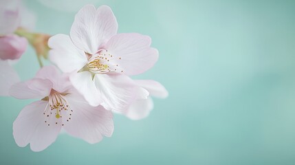 A serene pink cherry blossom against a soft emerald background, close-up shot, Minimalist style