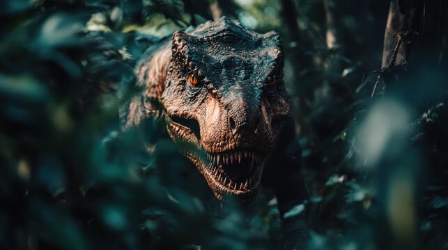 Jurassic Predator: A Tyrannosaurus Rex Lurks in the Shadows of a Lush Jungle