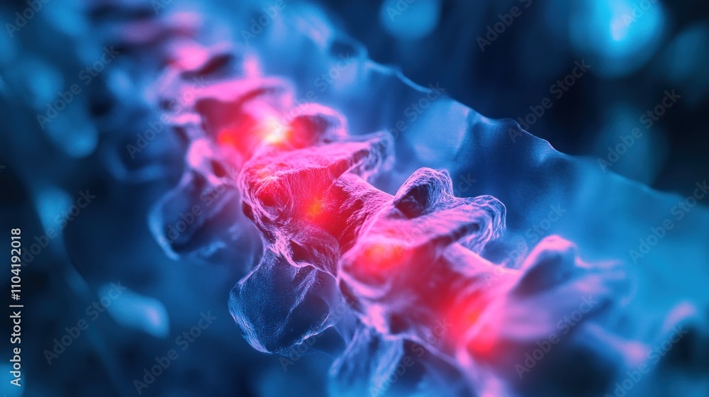 Poster abstract representation of a spine with glowing elements, illustrating neural connections.