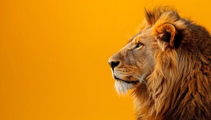 Majestic male lion in profile against a vibrant orange backdrop.  A powerful symbol of strength and...