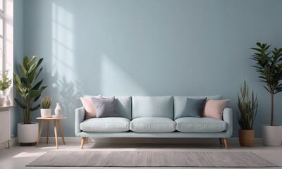 Obraz premium Cozy minimalist living room in lifht blue tones with soft blue sofa and indoor plants in natural light