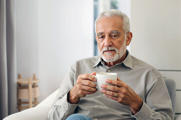 A lonely senior enjoys a quiet moment in a cozy room while sipping coffee and reflecting on life. Generative AI