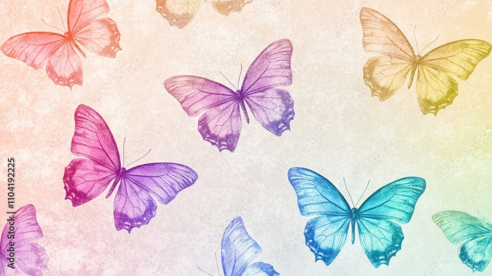 Poster a colorful array of butterflies against a soft gradient background.