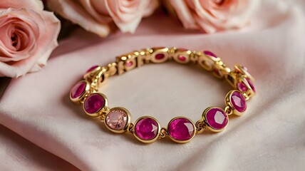 Delicate gold bracelet adorned with pink stones resting on soft fabric surrounded by roses
