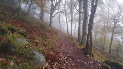 Fototapeta premium A Misty Forest Path Through Autumn Trees. A Tranquil Walk in Nature Surrounded by Fog and Falling Leaves.