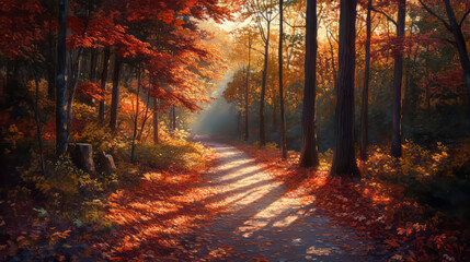Sunlit autumn forest path with vibrant red and orange leaves