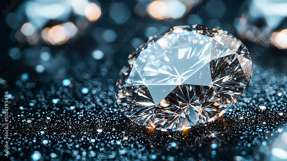 Poster lustrous diamond on sparkling surface with bokeh effect