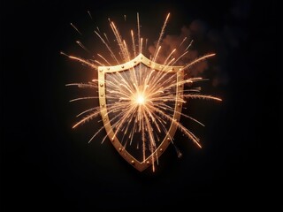 Fototapeta premium Golden shield protecting from fireworks exploding on black background