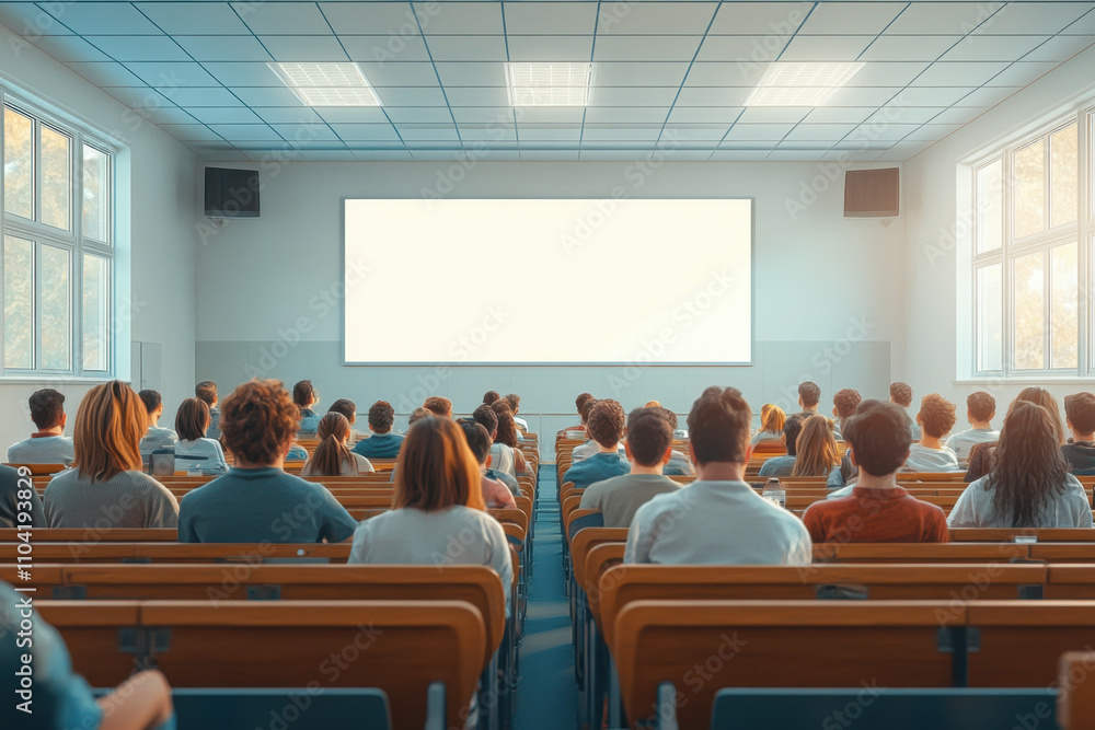Poster a modern classroom setting with students seated in rows, facing a large screen, ready for a presenta