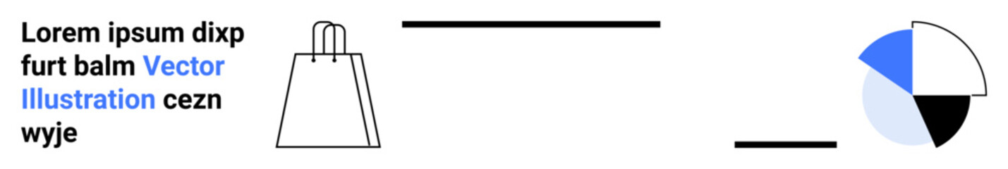 Stylized shopping bag, segmented pie chart in blue, black, and white, with placeholder text. Ideal for e-commerce, marketing strategy, retail analysis, design templates advertising promotional