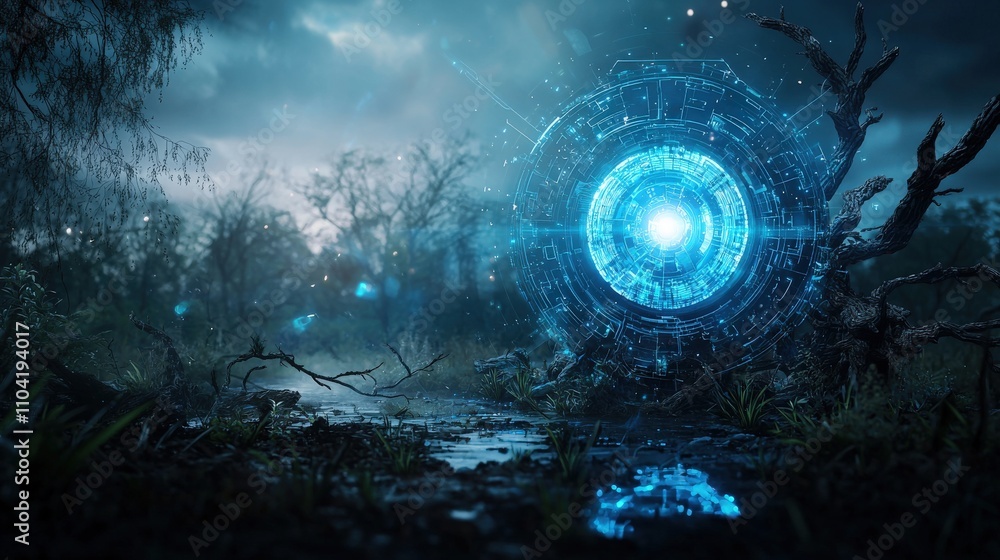 Poster advanced technology showcased in enchanted forest digital art mysterious environment futuristic conc