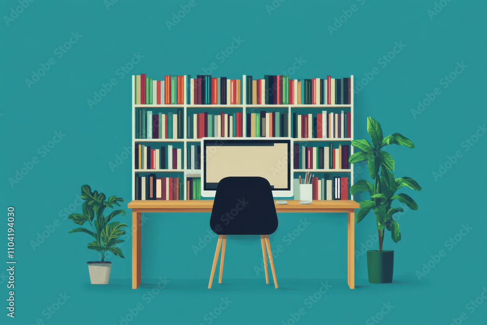 Poster computer learning. digital library interface home office illustration modern front view knowledge sh