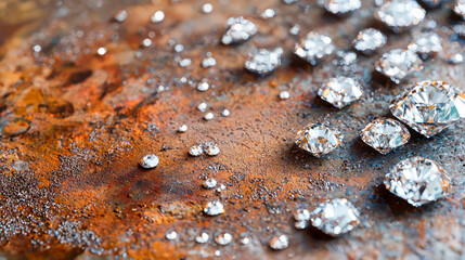 Sparkling diamonds on rusty metal surface depicting contrast of luxury and decay