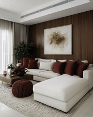 Luxurious living room with modern decor and warm tones